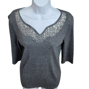 Rafaella Sweater, Women S,Gray  Pebbled,Beaded Embellished Collar,3/4 Sleeve EUC